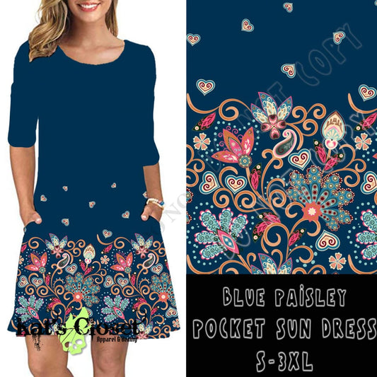 3/4 SLEEVE POCKET DRESS- BLUE PAISLEY