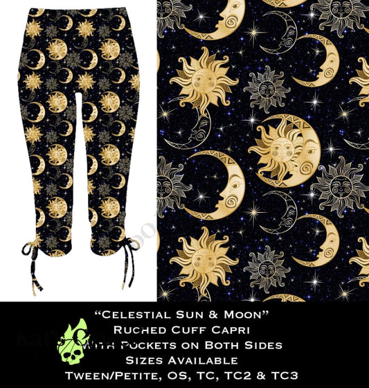 Celestial Sun & Moon Ruched Cuff Capris with Side Pockets