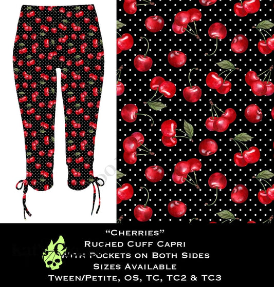 Cherries Ruched Cuff Capris with Side Pockets