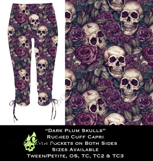 Dark Plum Skulls Ruched Cuff Capris with Side Pockets LEGGINGS &