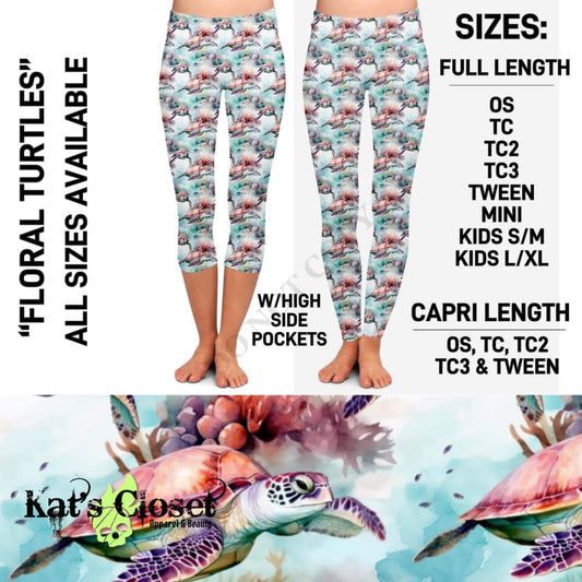 Floral Turtles Leggings & Capris with High Side Pockets - Preorder Closed ETA: Mid-Oct Ordered Pre-Orders