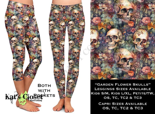 Garden Flower Skulls Leggings & Capris with Pockets LEGGINGS CAPRIS