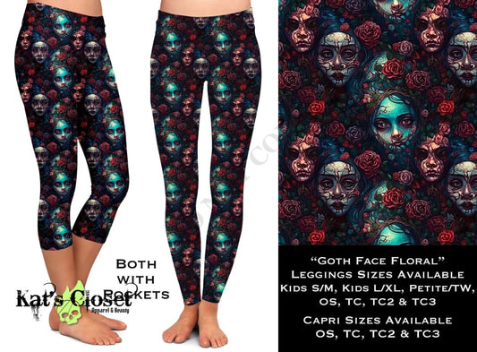 Goth Face Floral Leggings & Capris with Pockets LEGGINGS CAPRIS