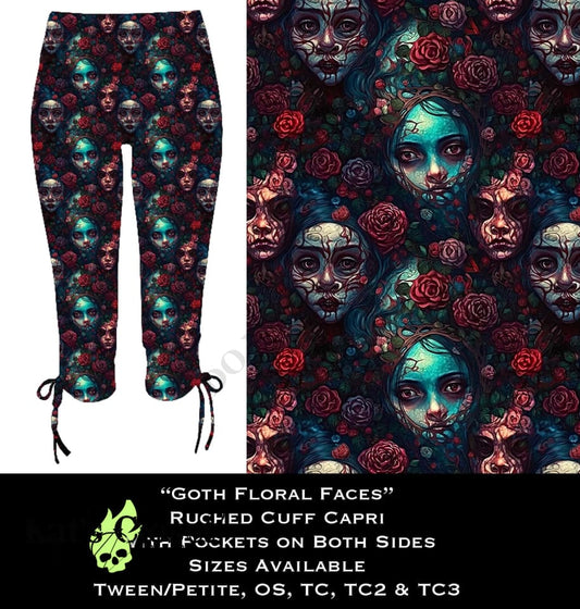 Goth Floral Faces Ruched Cuff Capris with Side Pockets LEGGINGS & CAPRIS