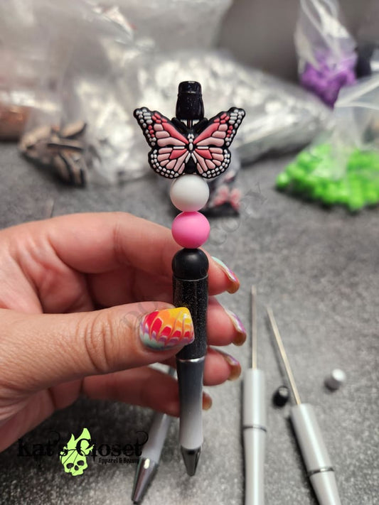 Pink Butterfly Silicone Beaded Pen or Keychain