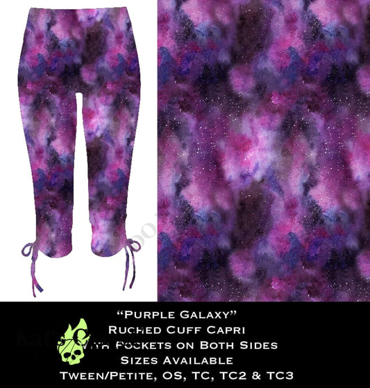 Purple Galaxy Ruched Cuff Capris with Side Pockets LEGGINGS & CAPRIS