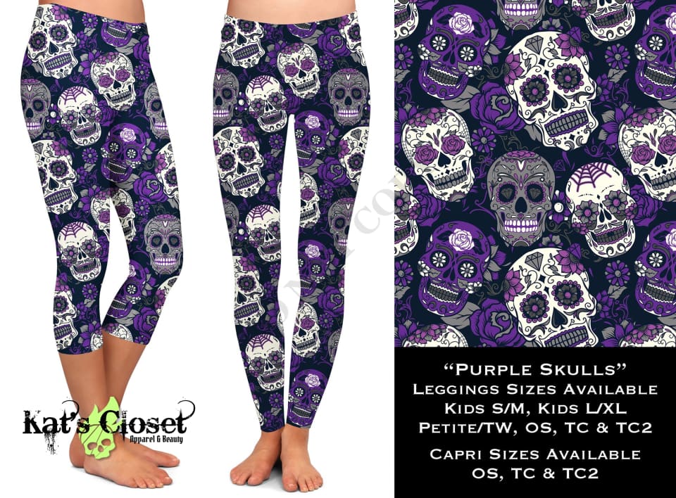 Purple Sugar Skulls Capris - OS IN HAND Leggings