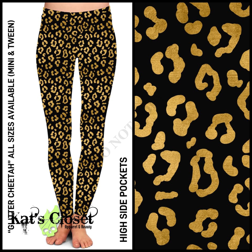 RTS - Glitter Cheetah Leggings with High Side Pockets & CAPRIS