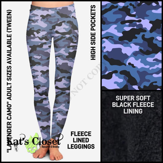 Lavender Camo Fleece-Lined Leggings with High Side Pockets
