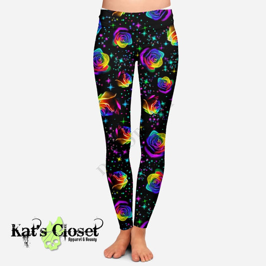 RTS - Rainbow Roses Leggings with High Side Pockets & CAPRIS