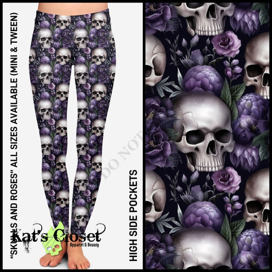 RTS - Skulls and Roses Leggings with High Side Pockets & CAPRIS
