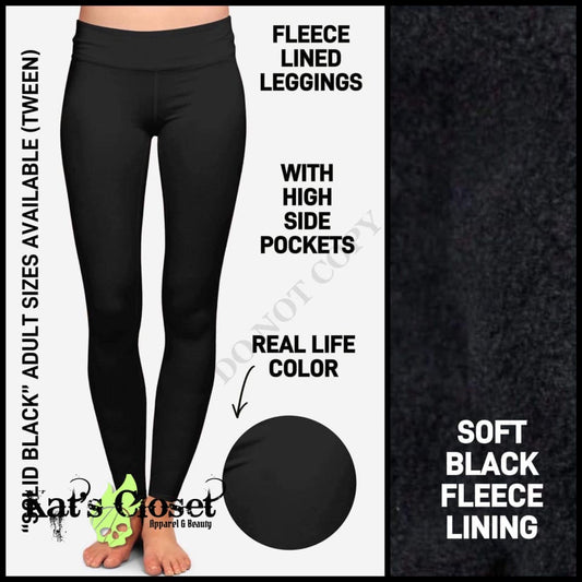 RTS - Solid Black Fleece - Lined Leggings with High Side Pockets