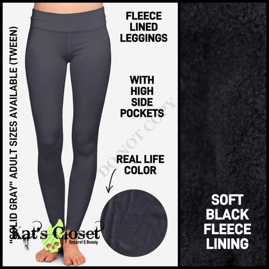 RTS - Solid Gray Fleece - Lined Leggings with High Side Pockets