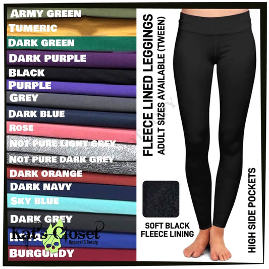 Solid Black (ADULTS) Fleece - Lined Leggings with High Side Pockets
