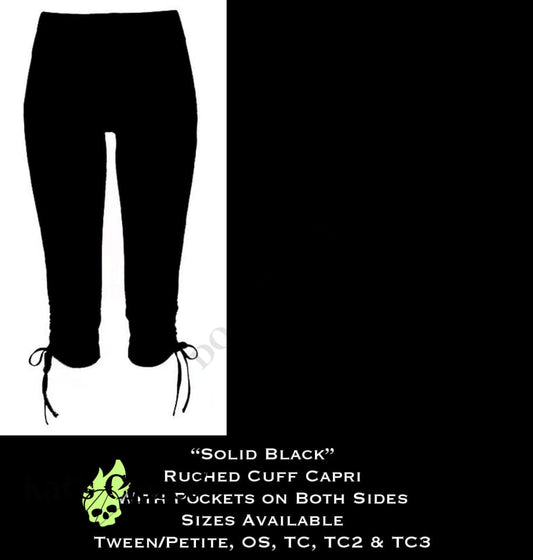 Solid Black Ruched Cuff Capris with Side Pockets LEGGINGS &
