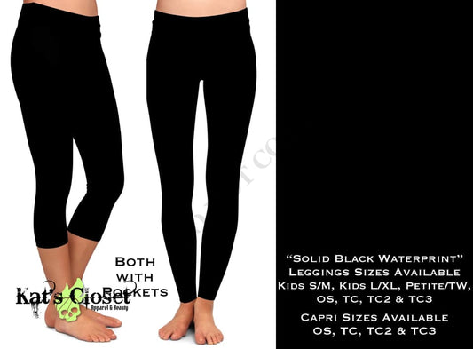 Solid Black Waterprint Leggings & Capris with Pockets LEGGINGS CAPRIS