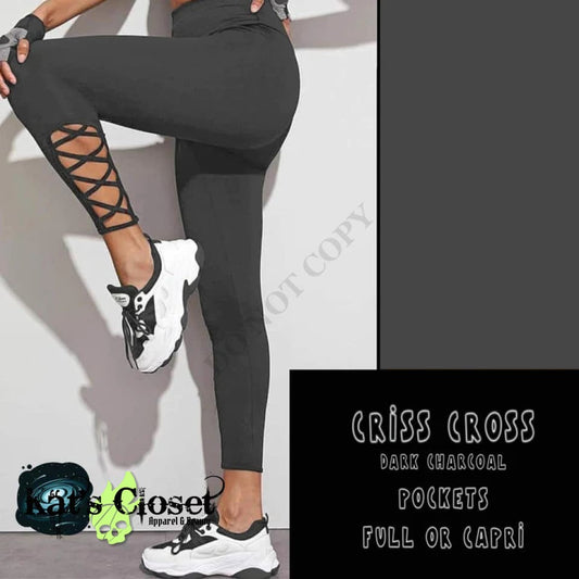 Solid Charcoal Grey Criss Cross Leggings & Capris w/Pockets LEGGINGS CAPRIS