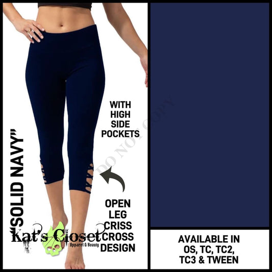 Solid Navy Criss Cross Capris w/Pockets - Preorder Closed ETA: Late June Ordered Pre-Orders