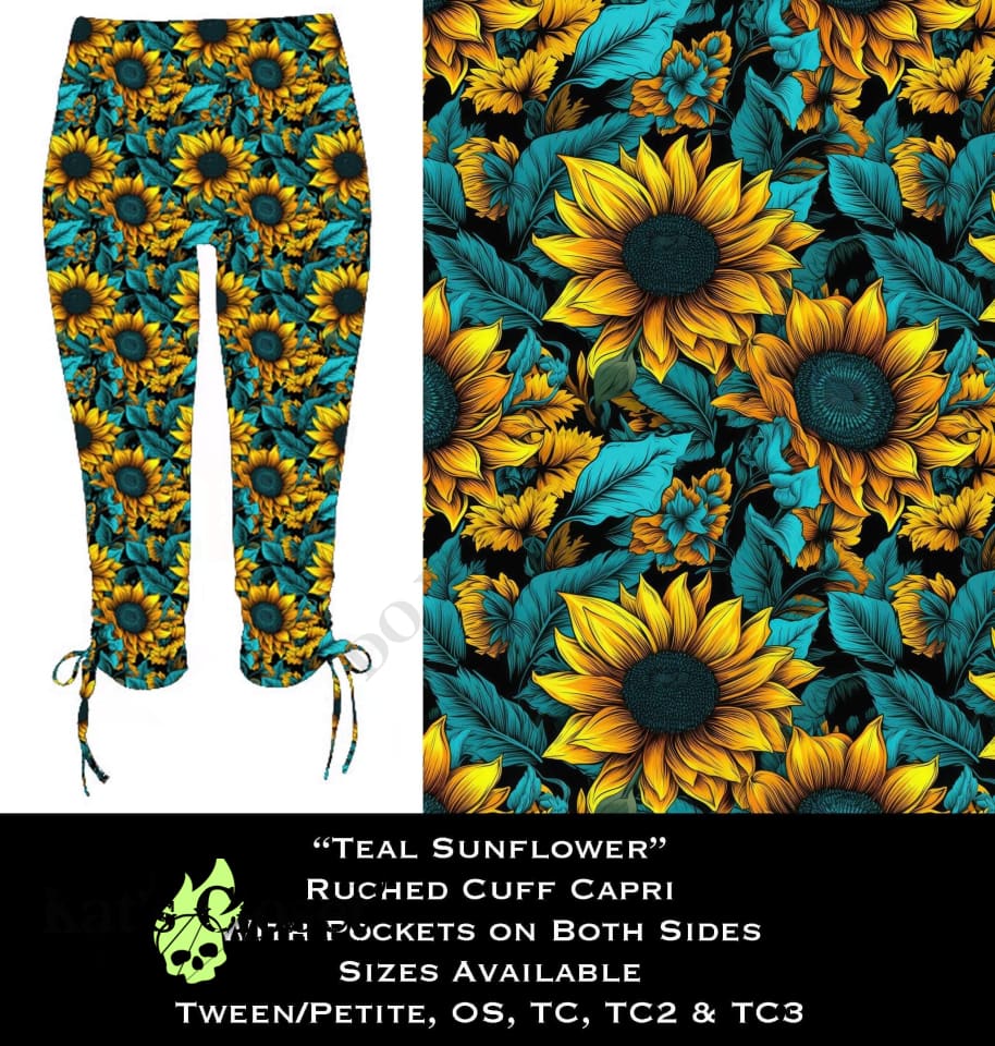 Teal Sunflower Ruched Cuff Capris with Side Pockets