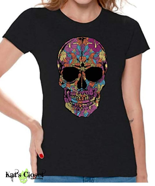 Black Floral Skull Printed T-Shirt - Medium ONLY Ladies Tees