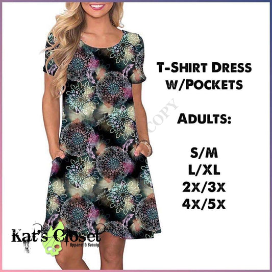 Custom Watercolor Mandala T-Shirt Dress W/Pockets Dresses