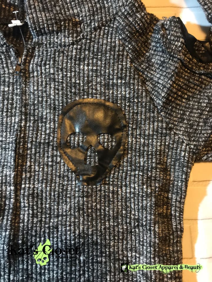 Faux Leather Trim Skull Emblem Hoodie Sweatshirt