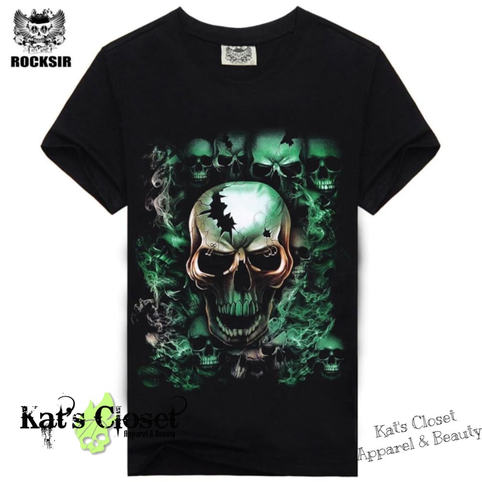 Green Ghost Skulls Print T-shirt Mens Tees