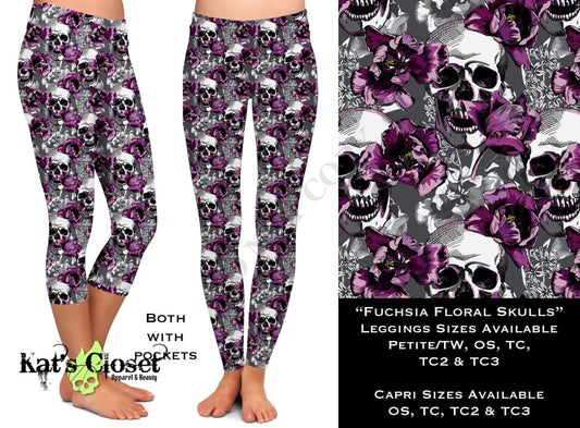 Grey Fuchsia Flower Skulls - Leggings & Capris LEGGINGS CAPRIS