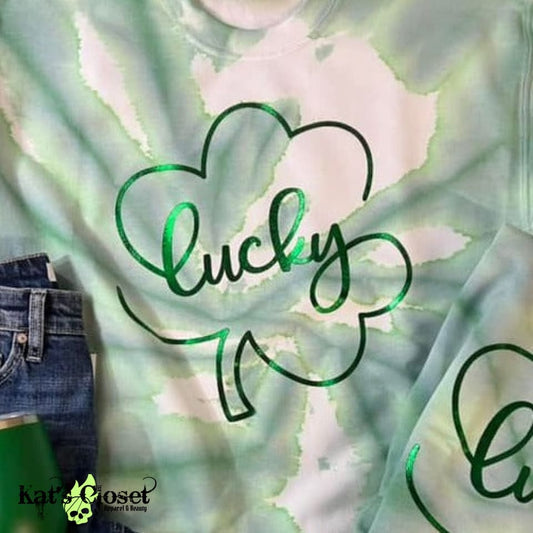 Hand Dyed Green Tie Dye Lucky w/Foil Lettering Crew Neck Sweatshirt