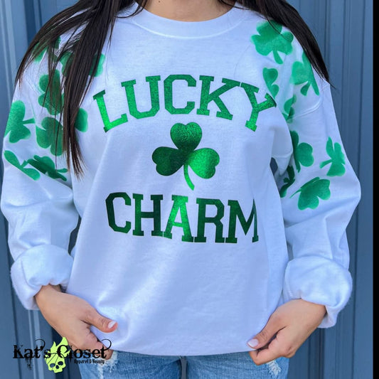 Hand Painted Sharmrocks w/Foil Lucky Charm Lettering Crew Neck Sweatshirt