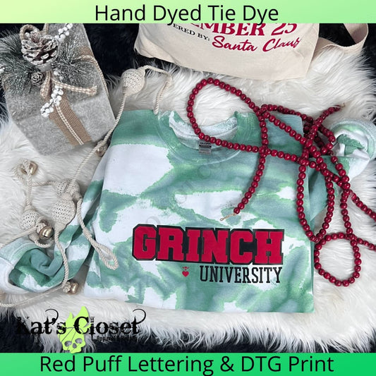 Mean Green University Puff Letters Tie Dye Crew Neck Sweatshirt MWTCrewNeck