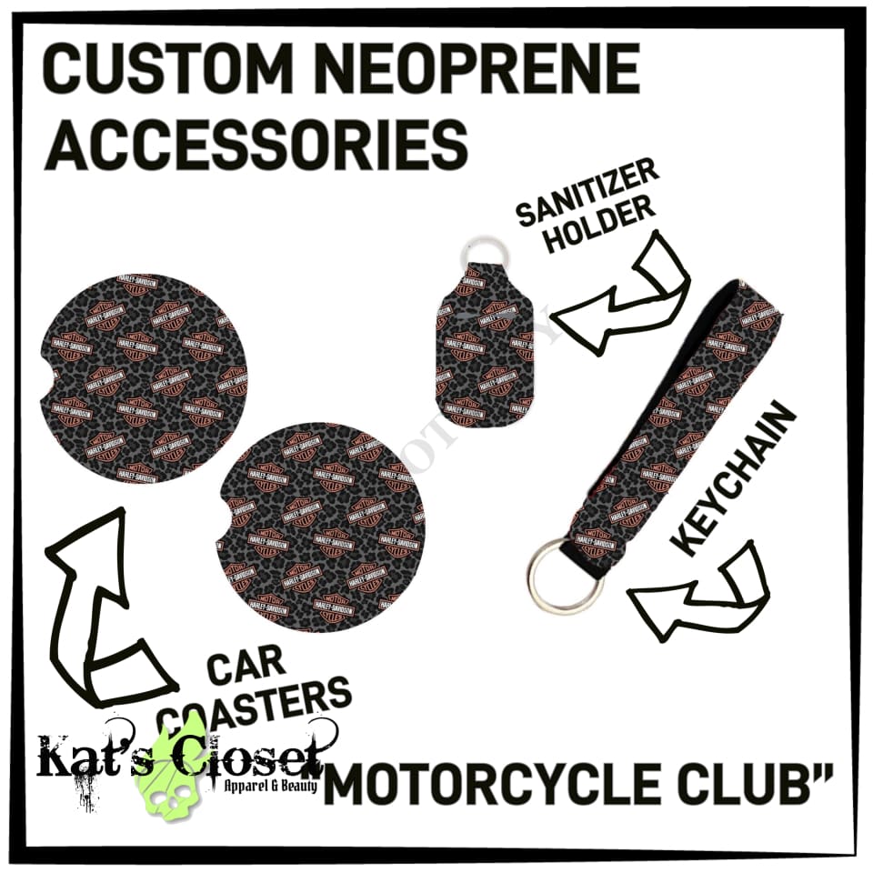 Motorcycle Club Neoprene - Choice of Car Coaster Set Wristlet Keychain Sani Holder Accessories