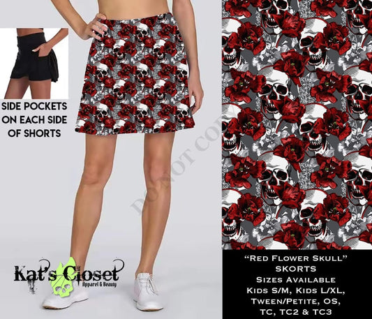 Red Flower Skull Skort with Pockets SKORTS