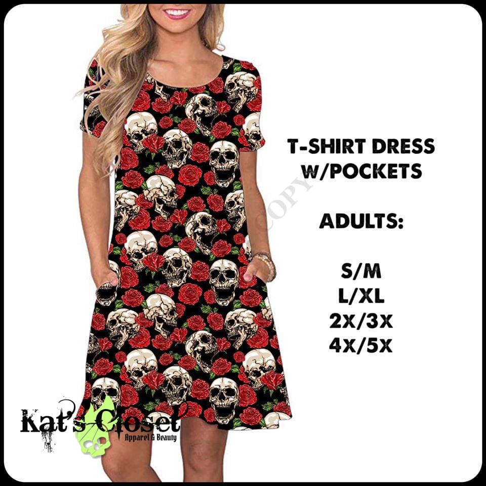 Red Rose Skulls T-Shirt Dress W/Pockets Dresses/Skirts