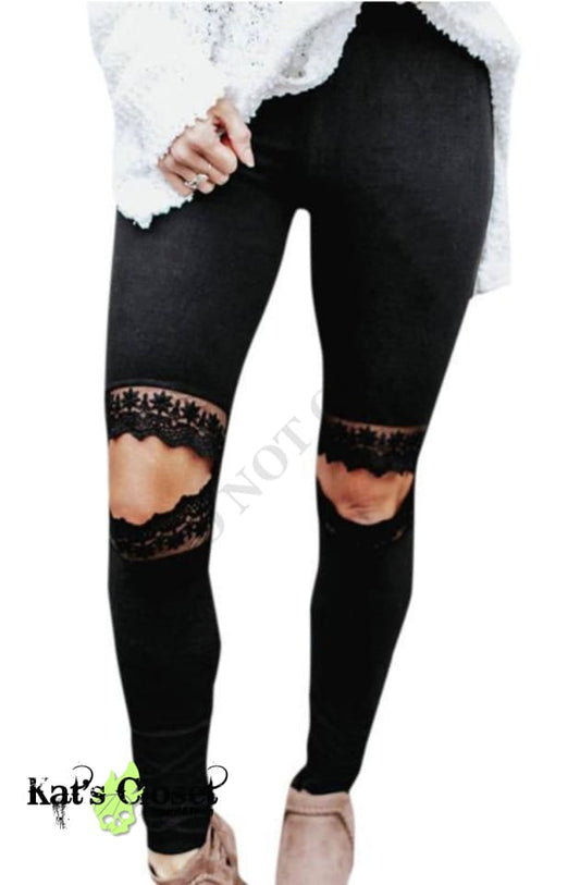 Solid Black Waterprint - Lace Knee Leggings LEGGINGS & CAPRIS