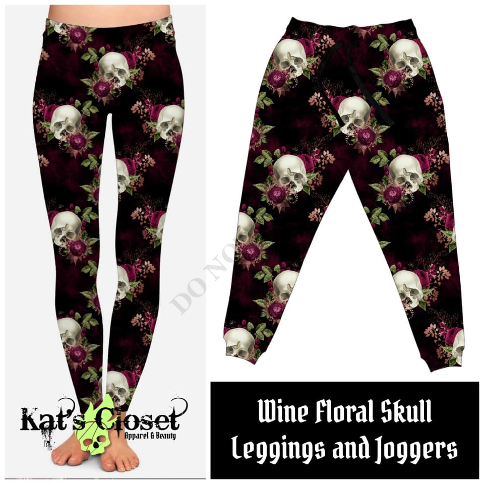Wine Floral Skull Leggings & Joggers