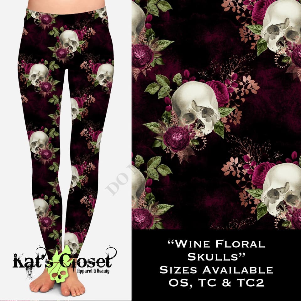 Wine Floral Skull Leggings & Joggers